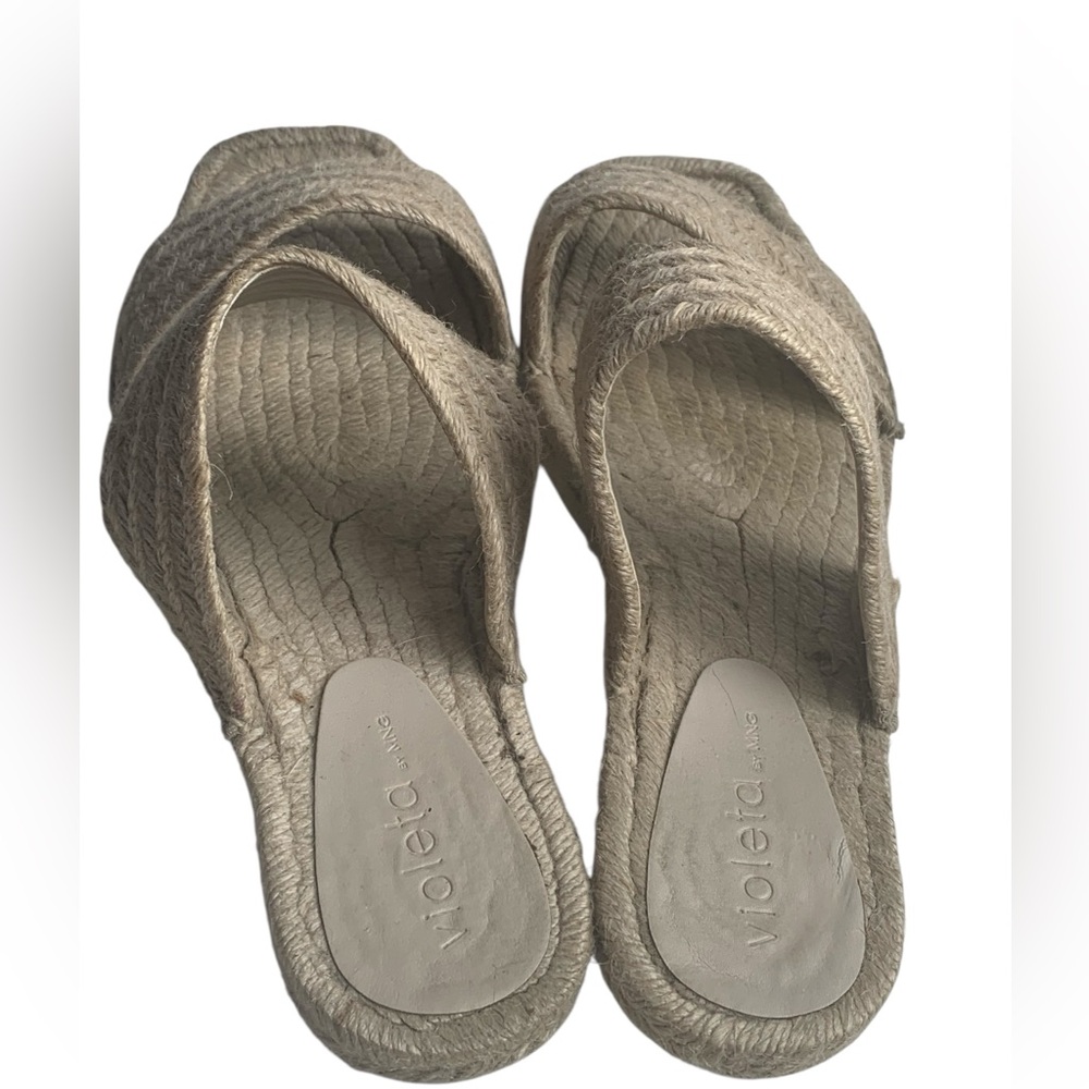 VIOLETA BY MANGO Natural Light Jute Flat Sandals Square Toe Woman’s Shoes - Picture 4 of 13